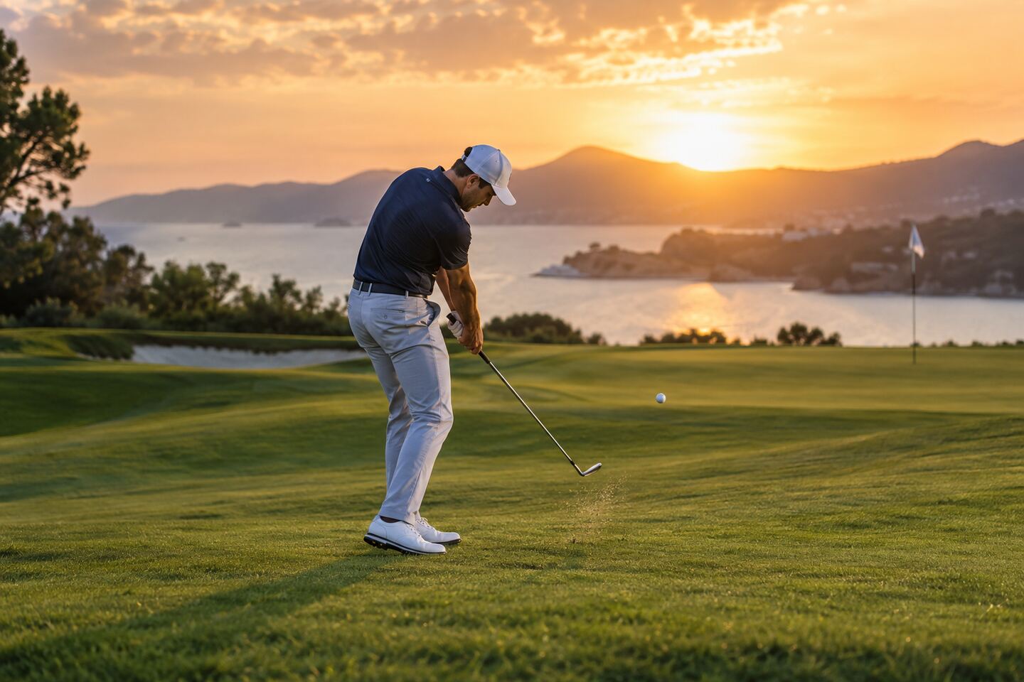 高尔夫球员在夕阳球场完成攻果岭击球的画面